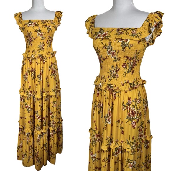 Abel The Label Yellow Floral Maxi Dress Size Small Smocked Tiered Boho Festival - Picture 1 of 15